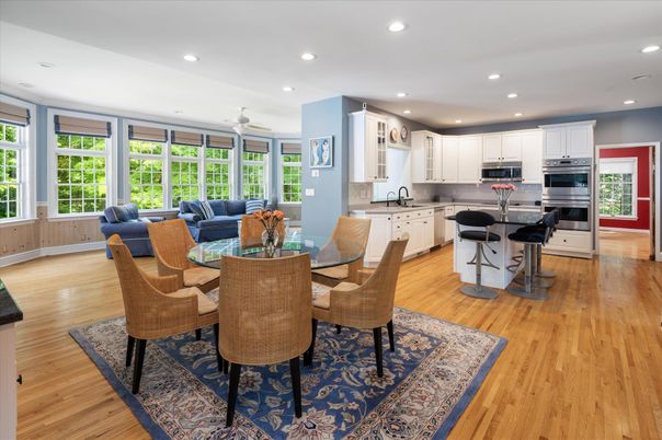 Dining room, Interior, Kitchen, Recessed Lighting, Stainless Steel Appliances, Wood Texture Flooring