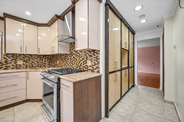 Interior, Kitchen, Marble, Recessed Lighting, Wood Texture Flooring