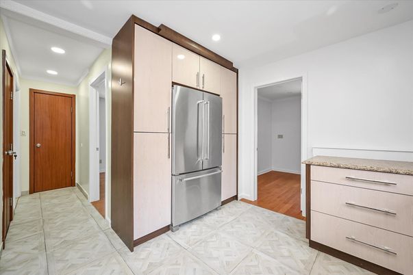 Interior, Kitchen, Marble, Recessed Lighting, Stainless Steel Appliances, Wood Texture Flooring