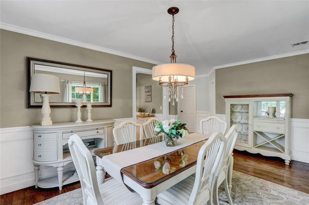 Chandelier, Dining room, Interior, Pendant Lights, Wood Texture Flooring