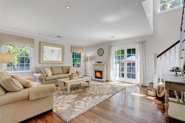 Fireplace, Interior, Living room, Recessed Lighting, Wood Texture Flooring