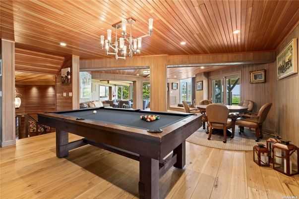 Billiard Table, Chandelier, Game Room, Interior, Recessed Lighting, Wooden Ceilings, Wood Texture Flooring, Wooden Walls