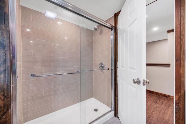 Bathroom, Glass Shower, Interior, Recessed Lighting, Wood Texture Flooring