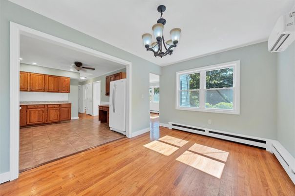 Chandelier, Empty room, Interior, Kitchen, Recessed Lighting, Wood Texture Flooring