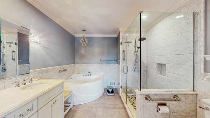 Bathroom, Chandelier, Glass Shower, Interior, Marble Walls, Recessed Lighting