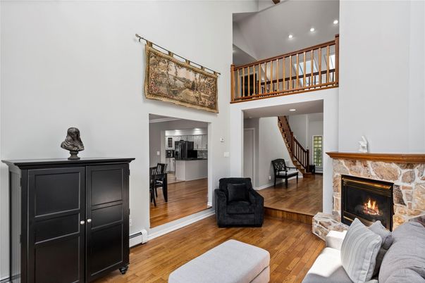 Fireplace, Interior, Living room, Recessed Lighting, Wood Texture Flooring