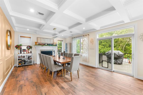 Dining room, Fireplace, Interior, Recessed Lighting, Wood Texture Flooring