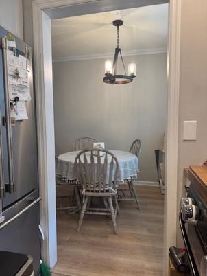 Dining room, Interior, Kitchen, Pendant Lights, Wood Texture Flooring