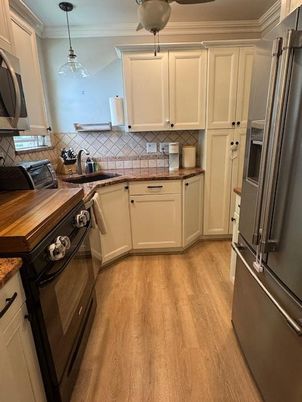 Interior, Kitchen, Pendant Lights, Stainless Steel Appliances, Wood Texture Flooring