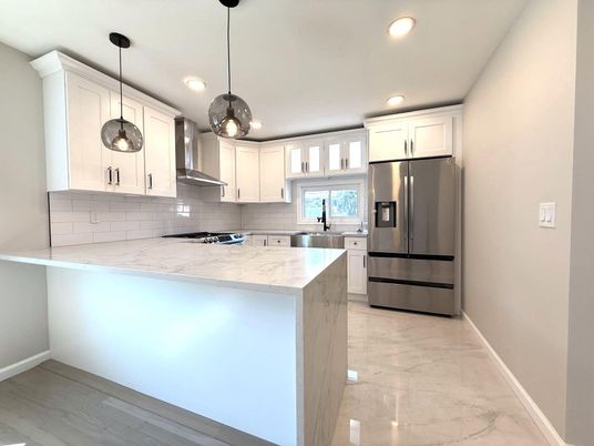 Interior, Kitchen, Marble, Pendant Lights, Recessed Lighting, Stainless Steel Appliances