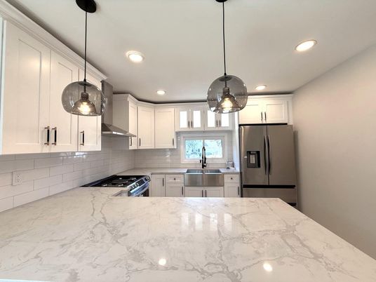 Interior, Kitchen, Marble, Pendant Lights, Recessed Lighting