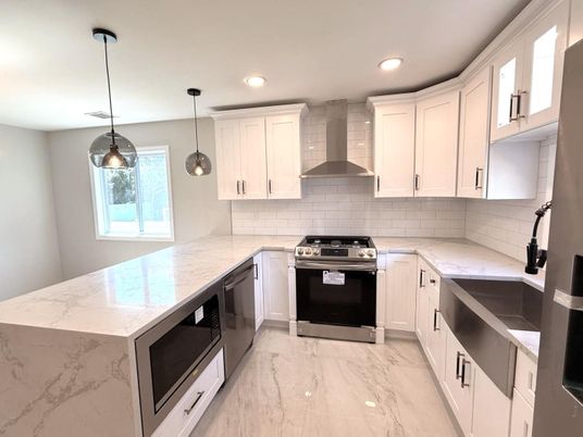 Interior, Kitchen, Marble, Pendant Lights, Recessed Lighting, Stainless Steel Appliances