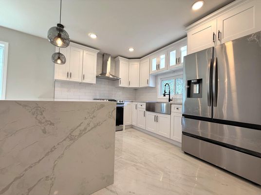 Interior, Kitchen, Marble, Pendant Lights, Recessed Lighting, Stainless Steel Appliances