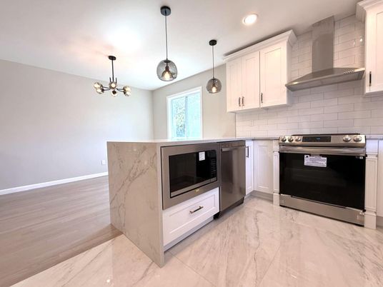 Interior, Kitchen, Marble, Pendant Lights, Recessed Lighting, Stainless Steel Appliances