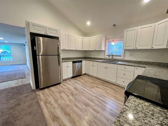 Interior, Kitchen, Pendant Lights, Recessed Lighting, Stainless Steel Appliances, Wood Texture Flooring