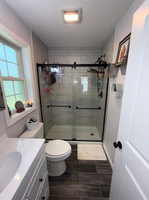Bathroom, Glass Shower, Interior, Wood Texture Flooring