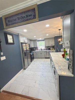 Interior, Kitchen, Marble, Pendant Lights, Recessed Lighting, Stainless Steel Appliances
