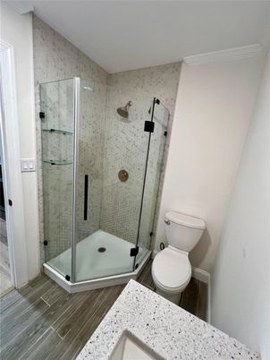 Bathroom, Glass Shower, Interior, Wood Texture Flooring
