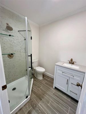 Bathroom, Glass Shower, Interior, Wood Texture Flooring