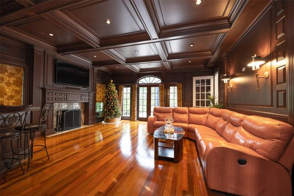Fireplace, Interior, Living room, Recessed Lighting, Wood Texture Flooring, Wooden Walls
