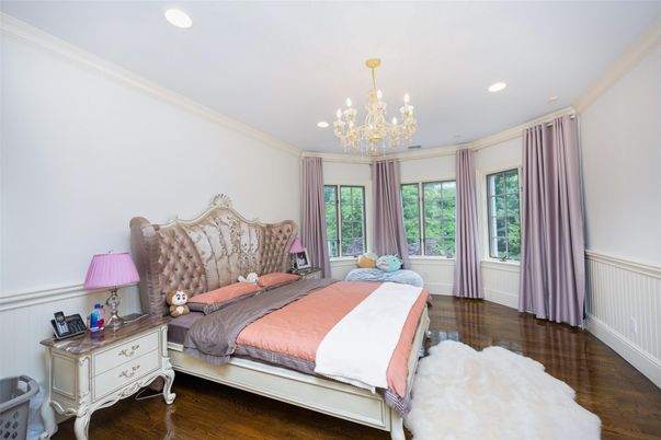 Bedroom, Chandelier, Interior, Recessed Lighting, Wood Texture Flooring