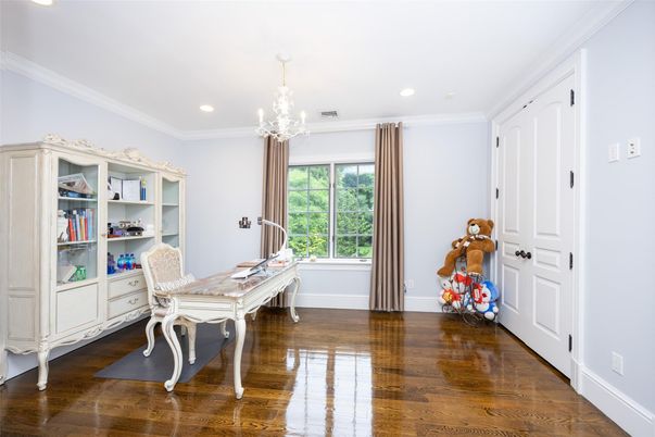 Chandelier, Home Office, Interior, Recessed Lighting, Wood Texture Flooring