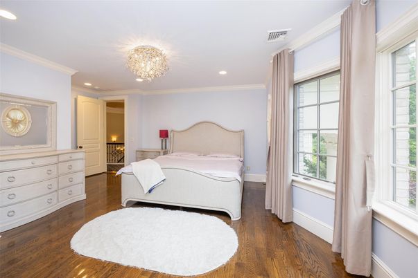 Bedroom, Chandelier, Interior, Recessed Lighting, Wood Texture Flooring