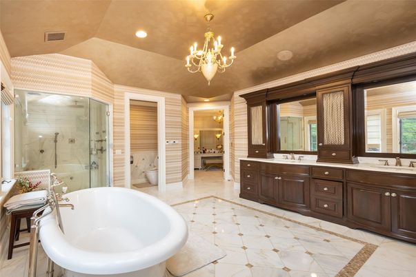 Bathroom, Chandelier, Dual Sink Vanities, Free Standing Baths, Glass Shower, Interior, Marble, Recessed Lighting