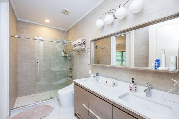 Bathroom, Dual Sink Vanities, Glass Shower, Interior, Recessed Lighting