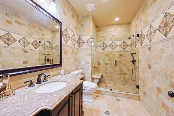 Bathroom, Glass Shower, Interior, Recessed Lighting, Stone Walls