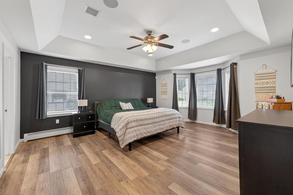 Bedroom, Interior, Recessed Lighting, Wood Texture Flooring