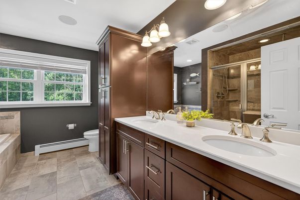 Bathroom, Dual Sink Vanities, Glass Shower, Interior, Recessed Lighting