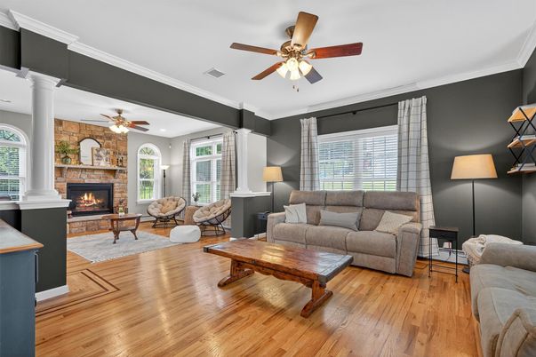 Fireplace, Interior, Living room, Stone Walls, Wood Texture Flooring