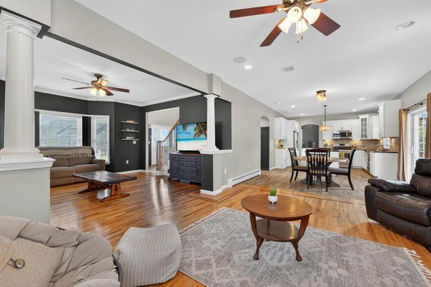 Dining room, Interior, Kitchen, Living room, Pendant Lights, Recessed Lighting, Wood Texture Flooring