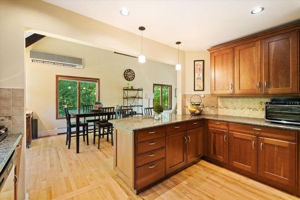 Dining room, Interior, Pendant Lights, Recessed Lighting, Wood Texture Flooring