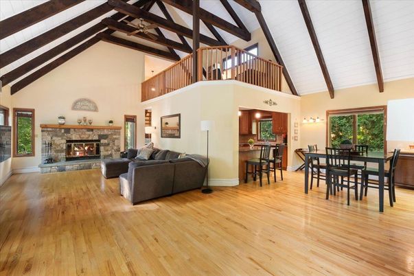 Chandelier, Dining room, Fireplace, Interior, Living room, Wooden Beams, Wood Texture Flooring