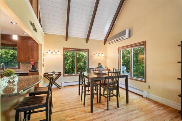 Dining room, Interior, Pendant Lights, Wooden Beams, Wood Texture Flooring