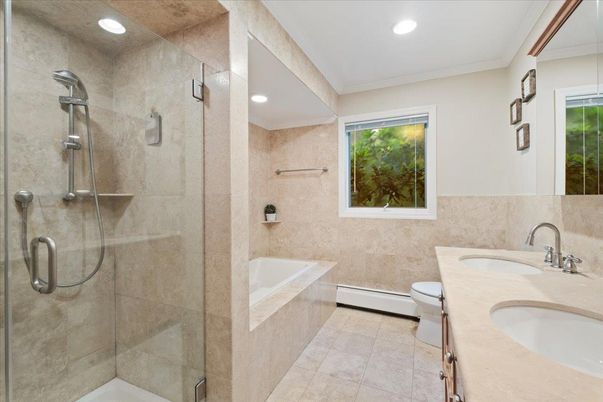 Bathroom, Dual Sink Vanities, Glass Shower, Interior, Recessed Lighting