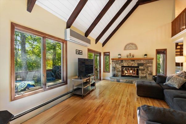 Fireplace, Interior, Living room, Wooden Beams, Wood Texture Flooring