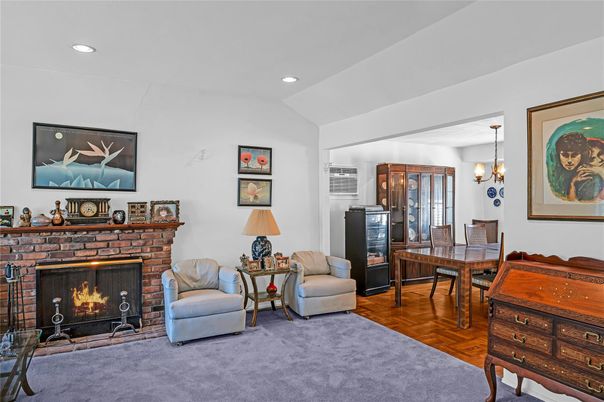Fireplace, Home Office, Interior, Pendant Lights, Recessed Lighting, Wood Texture Flooring
