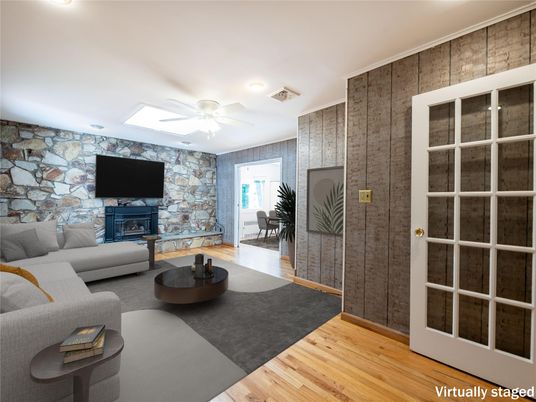 Dining room, Fireplace, Interior, Living room, Stone Walls, Wood Texture Flooring