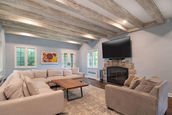 Fireplace, Interior, Living room, Recessed Lighting, Wooden Beams, Wood Texture Flooring