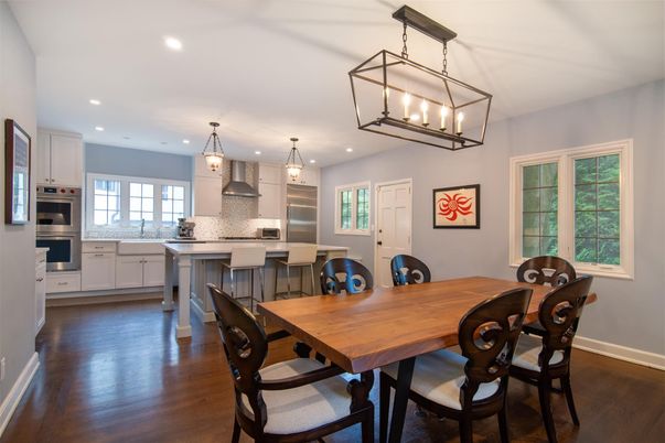 Dining room, Interior, Kitchen, Pendant Lights, Recessed Lighting, Stainless Steel Appliances, Wood Texture Flooring
