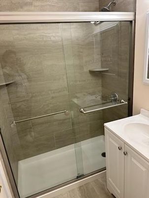 Bathroom, Glass Shower, Interior, Wood Texture Flooring