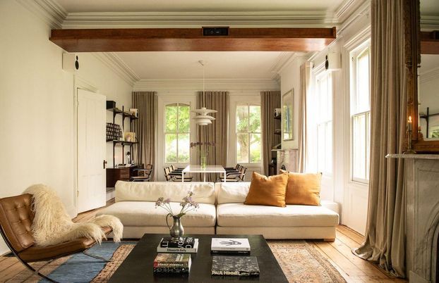 Dining room, Interior, Living room, Pendant Lights, Wood Texture Flooring