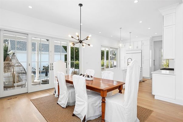 Dining room, Interior, Kitchen, Pendant Lights, Recessed Lighting, Wood Texture Flooring