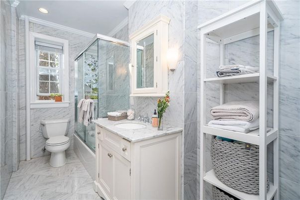 Bathroom, Glass Shower, Interior, Marble, Marble Walls, Recessed Lighting