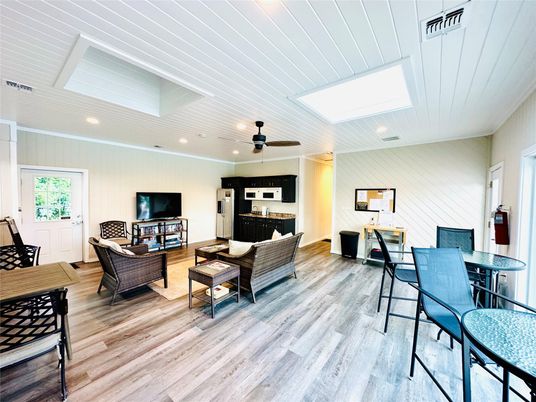 Dining room, Interior, Living room, Recessed Lighting, Wood Texture Flooring
