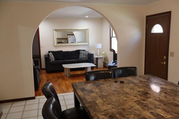Dining room, Interior, Living room, Recessed Lighting, Wood Texture Flooring