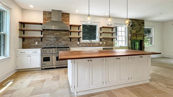 Interior, Kitchen, Pendant Lights, Recessed Lighting, Stainless Steel Appliances, Stone Walls